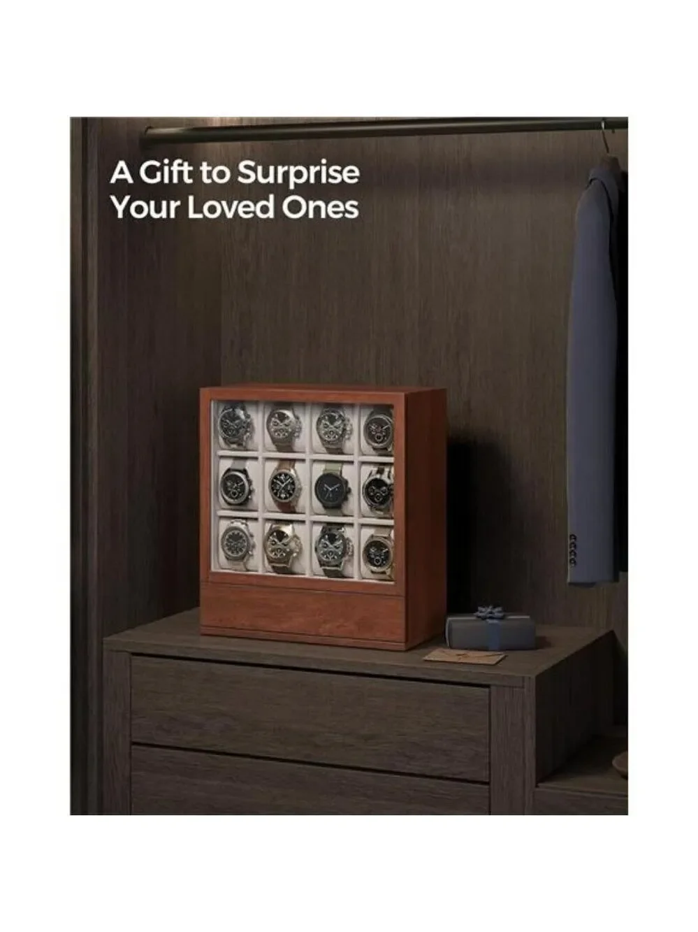 12 Slot Wood Watch Display Box Vertical Organizer with Drawer Velvet Lining
